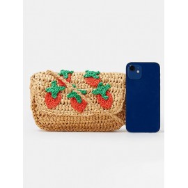 Women's Cute Handmade Braided Strawberry Embroidered Raffia Straw Beach Vacation Shoulder Bag