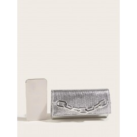 Women's Metal Chain Decor Metallic Evening Party Clutch Bag
