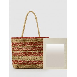 Women's Retro Striped Handmade Woven Color Blocking Beach Vacation Drawstring Shoulder Bag
