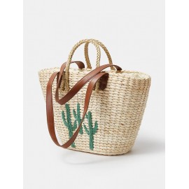 Women's Handmade Braided Cactus Embroidered Drawstring Raffia Straw Beach Shoulder Bag